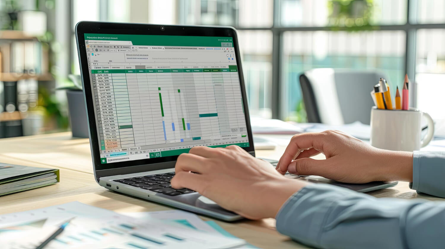 Hands filling in a spreadsheet on a laptop on an office desk