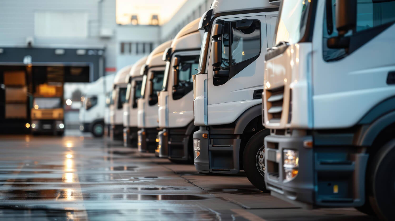 White trucks parked in a row at a depot