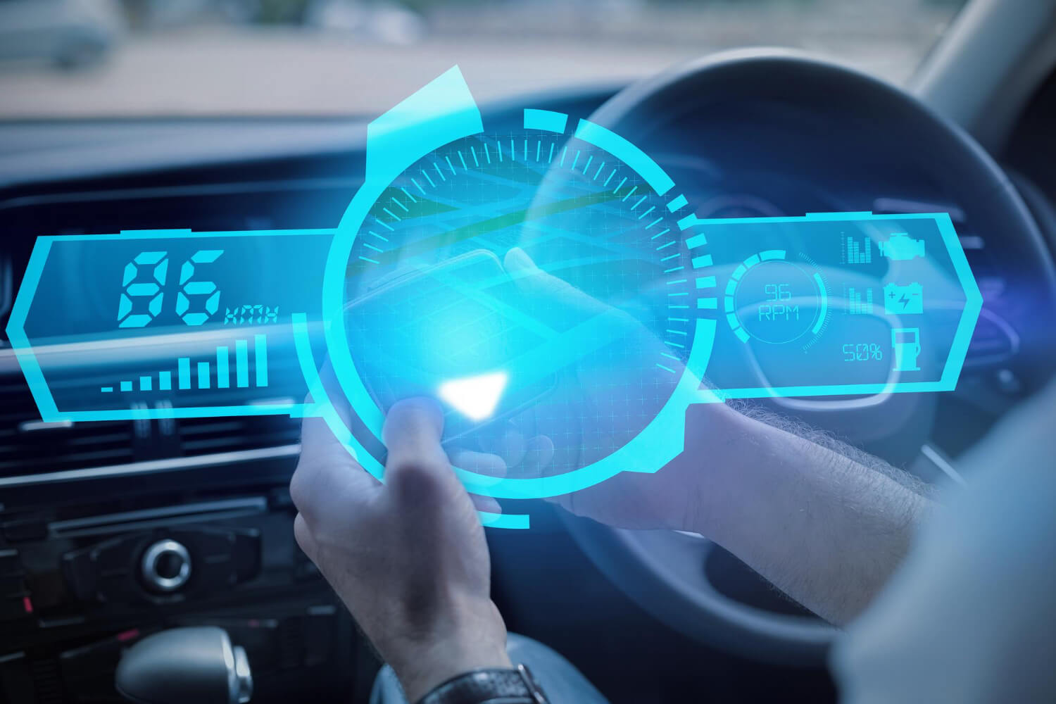 Hand above a dashboard with a digital speedometer hologram