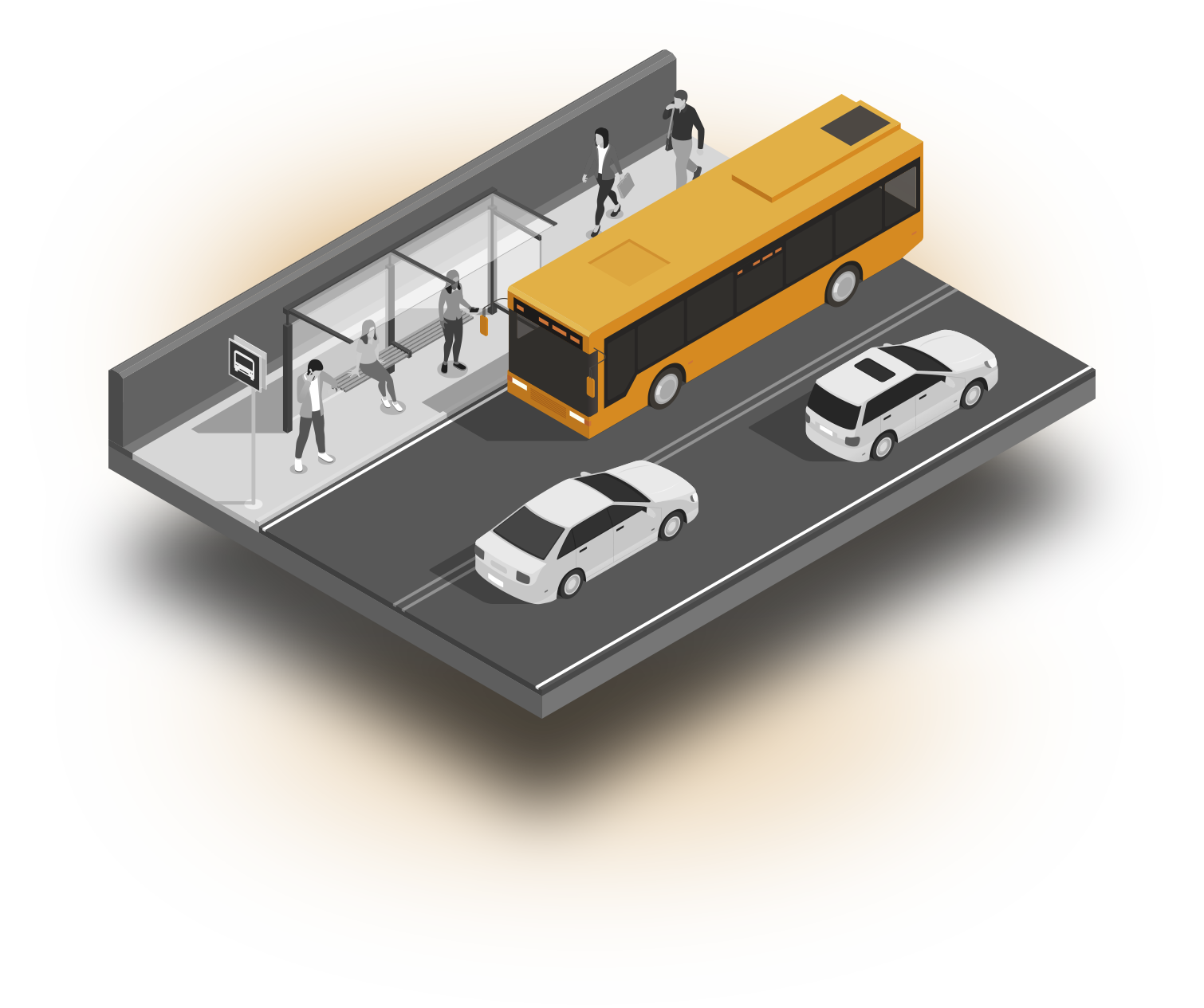 Illustration: Bushaltestelle mit gelbem Bus und Pkw