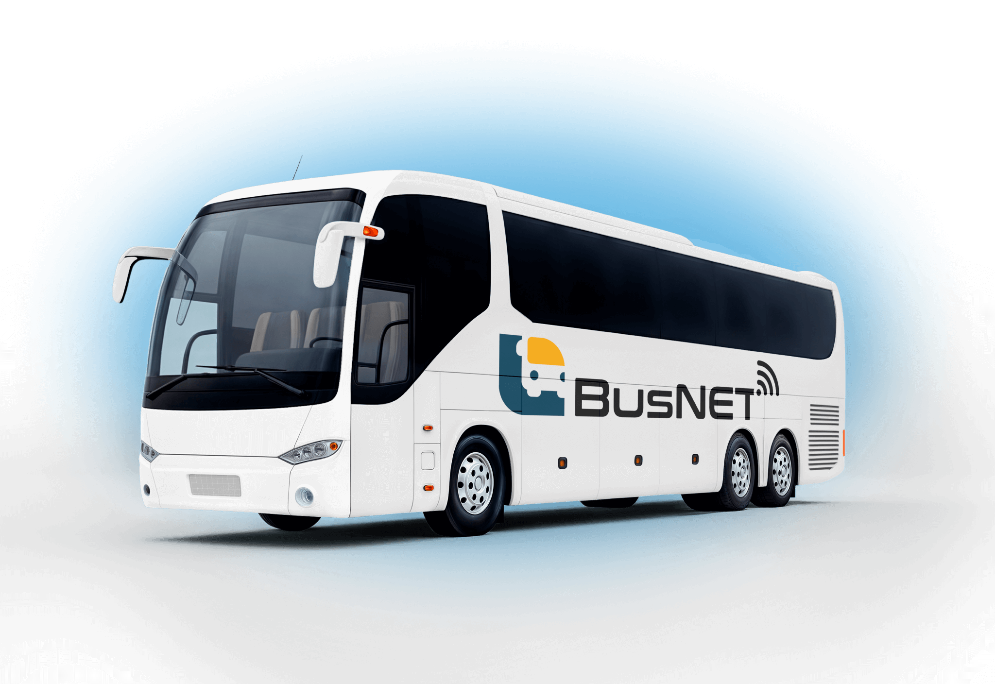 Weißer Reisebus mit BusNET-Aufschrift