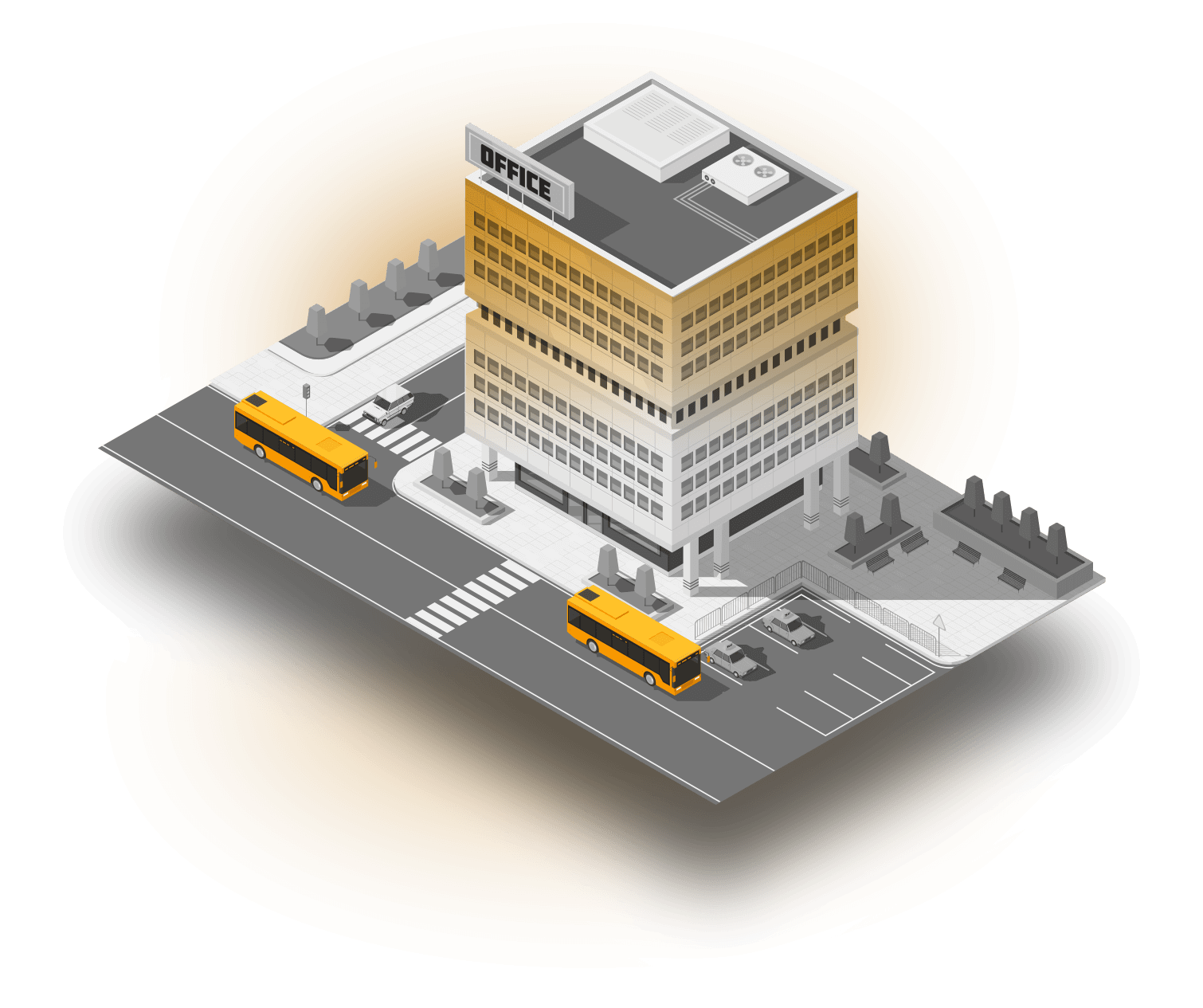 Illustration: Bürogebäude, davor gelbe Busse auf der Straße
