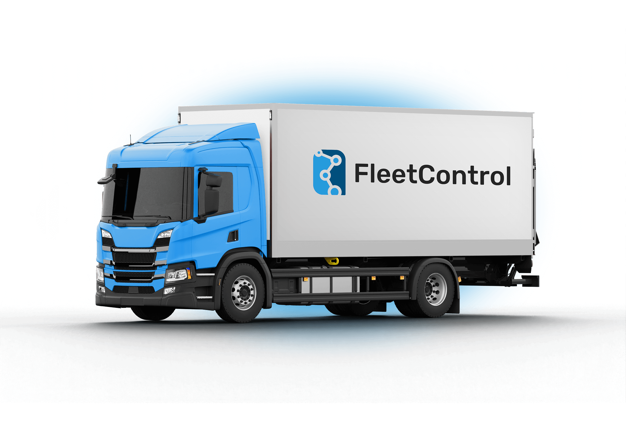 Lkw mit blauem Führerhaus und Aufbau mit FleetControl-Logo