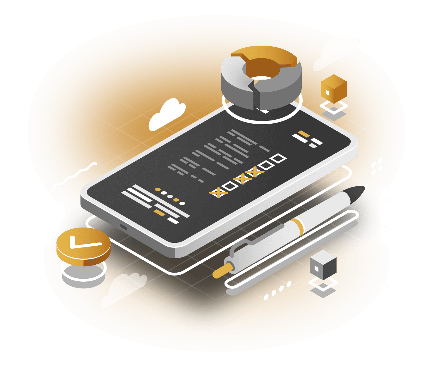 Illustration: Smartphone mit Kostenauswertung und Kreisdiagramm