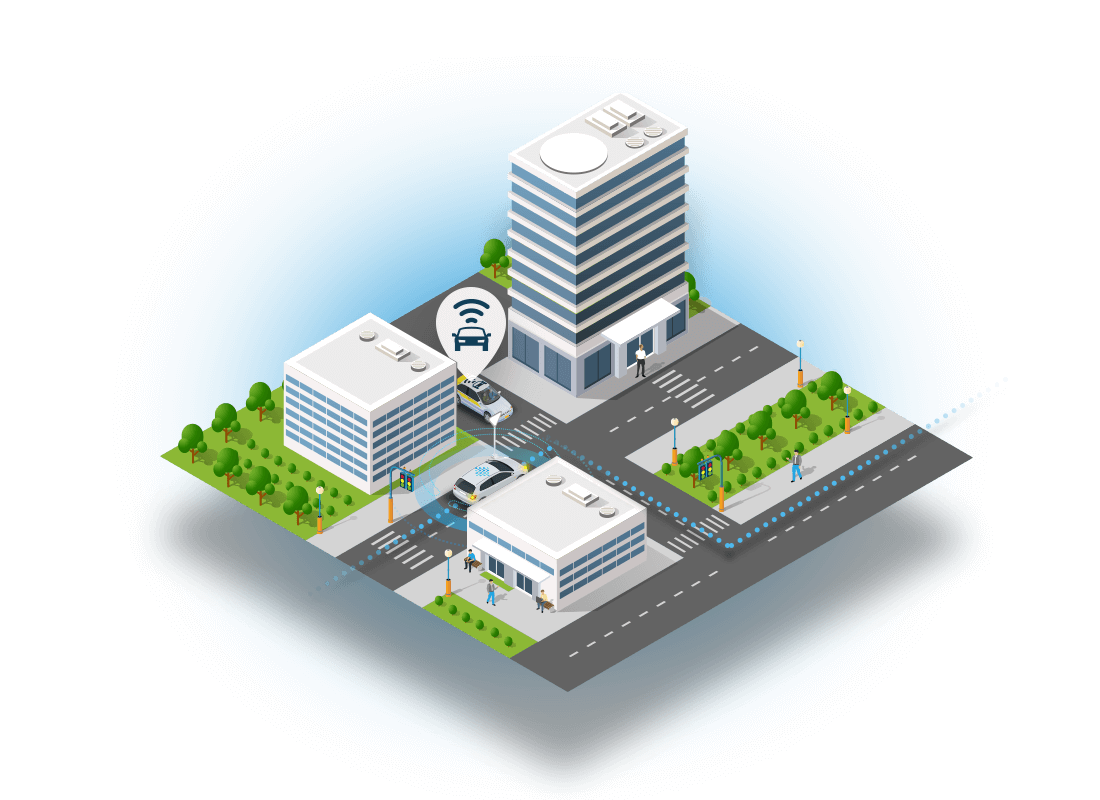 Illustration: Stadtviertel mit Bürogebäuden und Netzwerksymbol